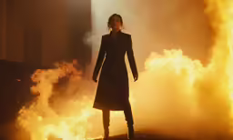 woman standing in front of a blazing building