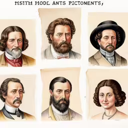 five different portraits of a man with long hair and beards,a collection of old fashioned men from 19th to 18th century