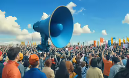 crowd of people watching a blue bullhorn against a blue sky