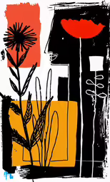 the abstract painting has red and yellow and green accents