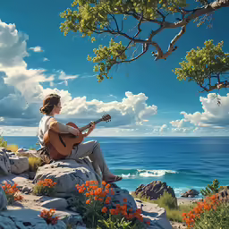 a woman sitting on top of a mountain playing an acoustic guitar