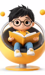 a little boy is sitting in a chair and reading a book