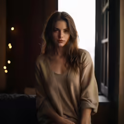 a woman sitting on the edge of a couch