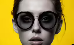 a woman with big round sunglasses and hair with dark makeup