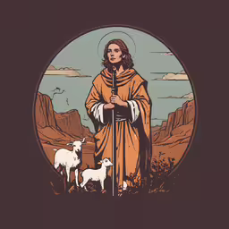 a person standing with a dog and a sheep,jesus holding a sword standing over sheep