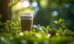 there is a cup in the grass that is next to a straw
