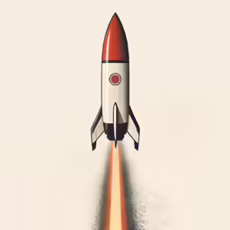 a red and white rocket is flying in the sky