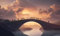 the silhouettes of people standing on a bridge