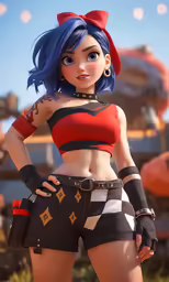 a cartoon of a female character, wearing shorts and top