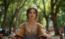 a girl wearing a brown cardigan riding a bicycle through the park