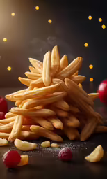 the large pile of french fries has been sliced