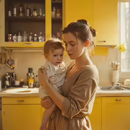 a woman in a kitchen holding a baby