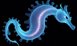 a blue dragon sculpture sitting in front of a black background