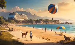 a beautiful sunset at the beach with people on it,people walk down the beach with a large cruise ship in the background