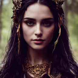 a woman wearing a crown is standing in the woods