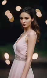 a woman with shoulder length, wearing a dress poses in front of lights