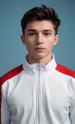 a young man in white with red detailing, with a blue background