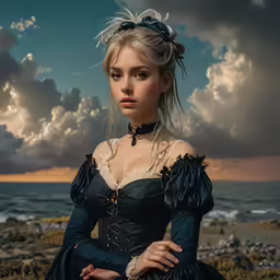 a girl in black dress next to rocks on shore