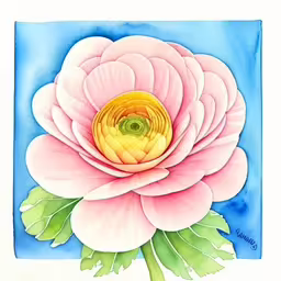 an artistic flower with blue background and green leaves,a pink flower on a blue square of glass