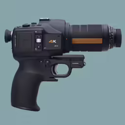 a black gun with an orange stripe on it