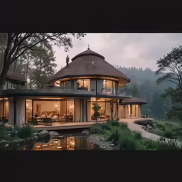 a beautiful house sits on the edge of a pond
