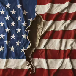 an overhead view of a man in front of a flag