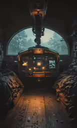 a van parked in front of a huge window with lots of blankets around it