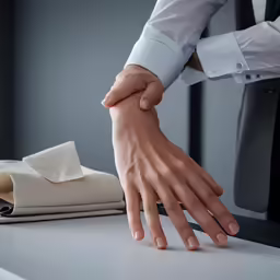 two people at a desk holding their hands out