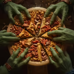 hands with green gloves reaching into a pizza
