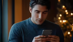 a man looking at his phone in front of a christmas tree