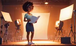 woman holding sheet while standing in front of some light,a woman is in the middle of a photo studio while some lights go on