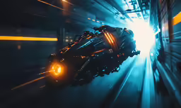 a futuristic motorcycle riding down a tunnel in a dark building
