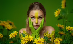 the girl is covered with her hands near the yellow flowers