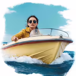 a woman driving a yellow speed boat in the ocean