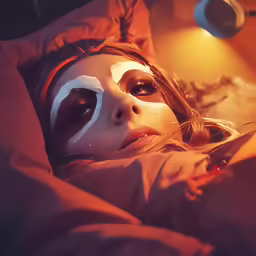 a girl laying on a bed with her eyes painted white