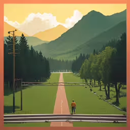 the painting is of a road with trees on both sides and a person walking across one side of the road,a man walks down a long road surrounded by green trees