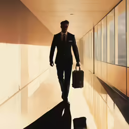 man walking down hallway with luggage at different times