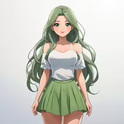 a woman in green and white standing with her hand on her hips