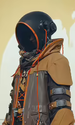 the person in the black and tan jacket has a helmet on