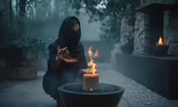 woman crouching by a fire pit in a dark park