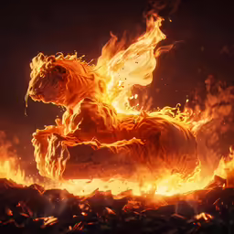 a fire lion statue in front of some rocks
