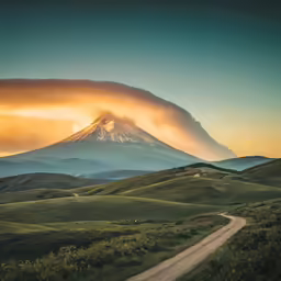 a dirt road is winding uphill with a mountain in the background