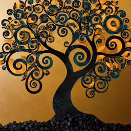 the gold and blue abstract tree painting is featured