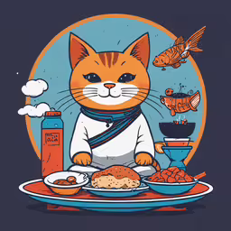 a cat sitting at a table with food and fish,a picture of a cat that is eating some food
