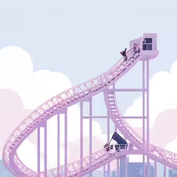 two people on a roller coaster ride with buildings in the background