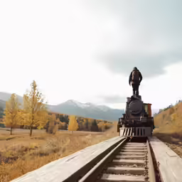 a train traveling past a mountain in the autumn