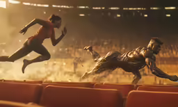 a man jumps up from a stadium seats as another runs by