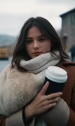 woman with long hair, scarf and coffee cup