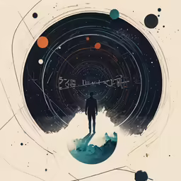 a man stands in the middle of the image with colorful circles and dots around him