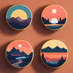 four pieces of artwork featuring the sun, mountains and water,four circular painted pictures of mountains and a sunset